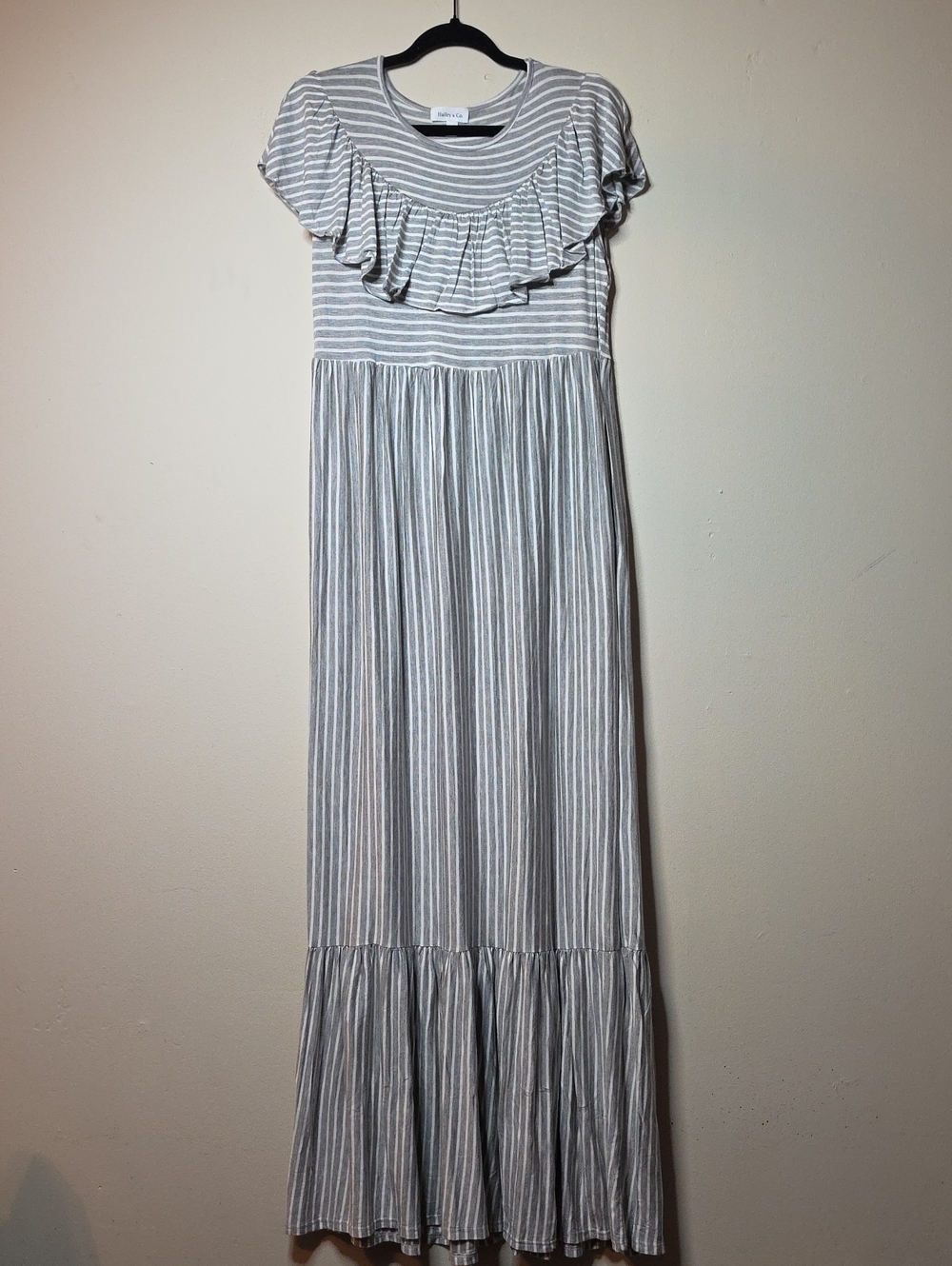 Hailey &CO. Women’s Gray and White Striped Ruffle-Yoke Maxi Dress